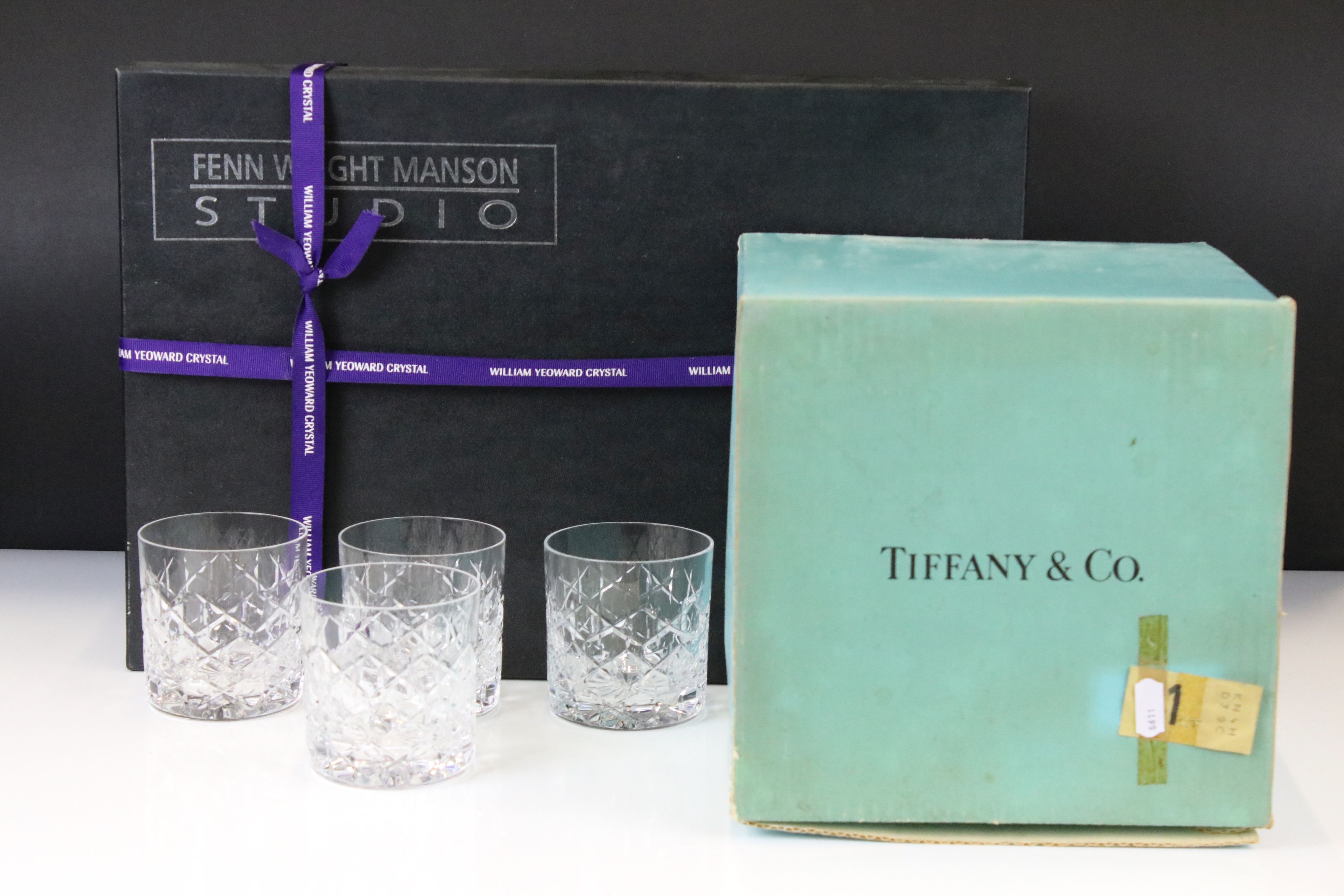 Tiffany & Co Boxed Set of Four Crystal Cut Glass Whiskey Tumblers (8.5cm high), together with a