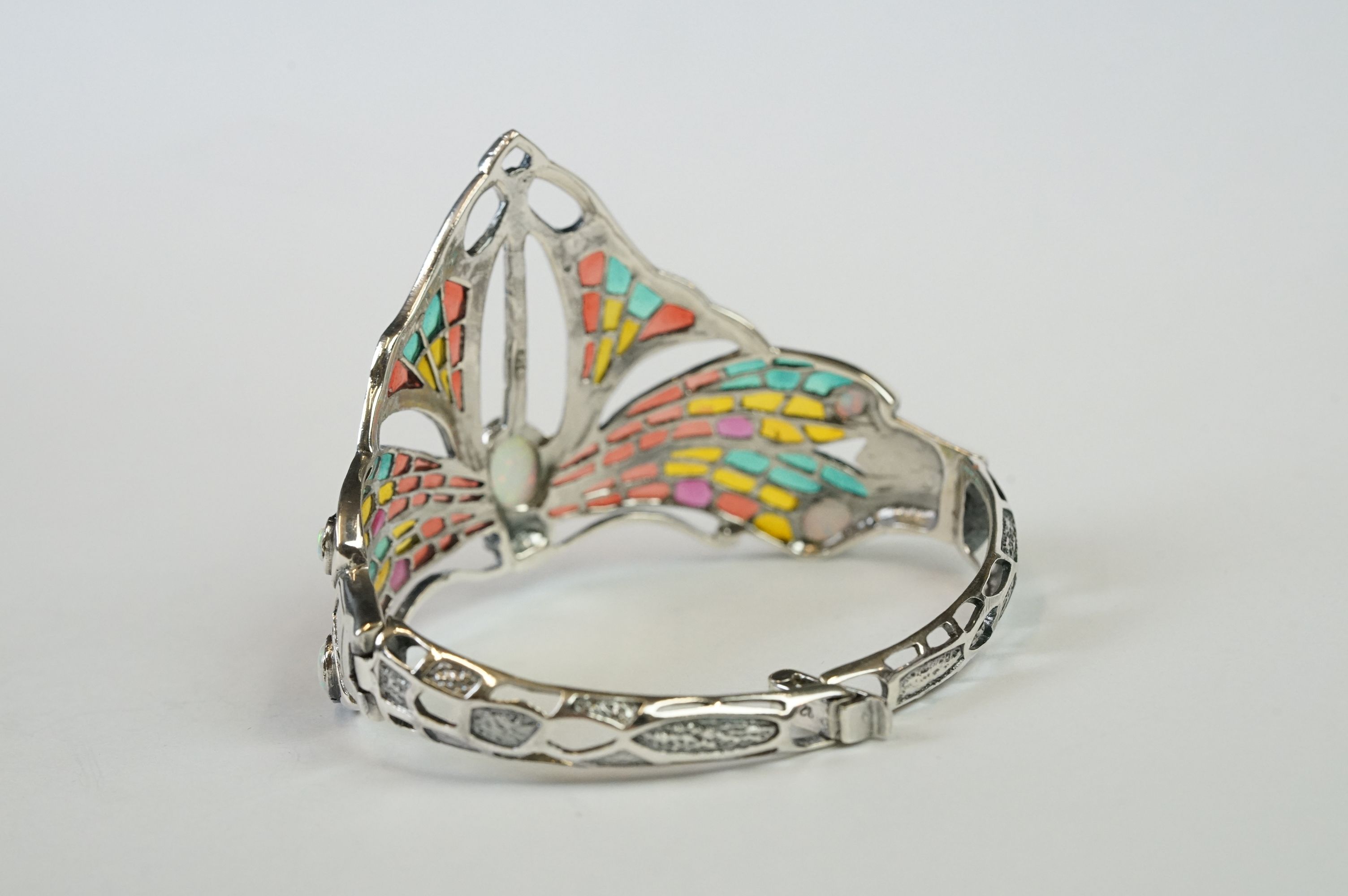 Large Silver Plique a Jour Cuff Bangle in the Art Deco style with opal cabochons - Image 4 of 11