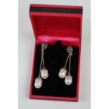 Pair of Silver and Freshwater Pearl Drop Earrings, cased