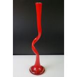 Murano 1970's Red Art Glass vase of spiral twisted form, measures 50cm high