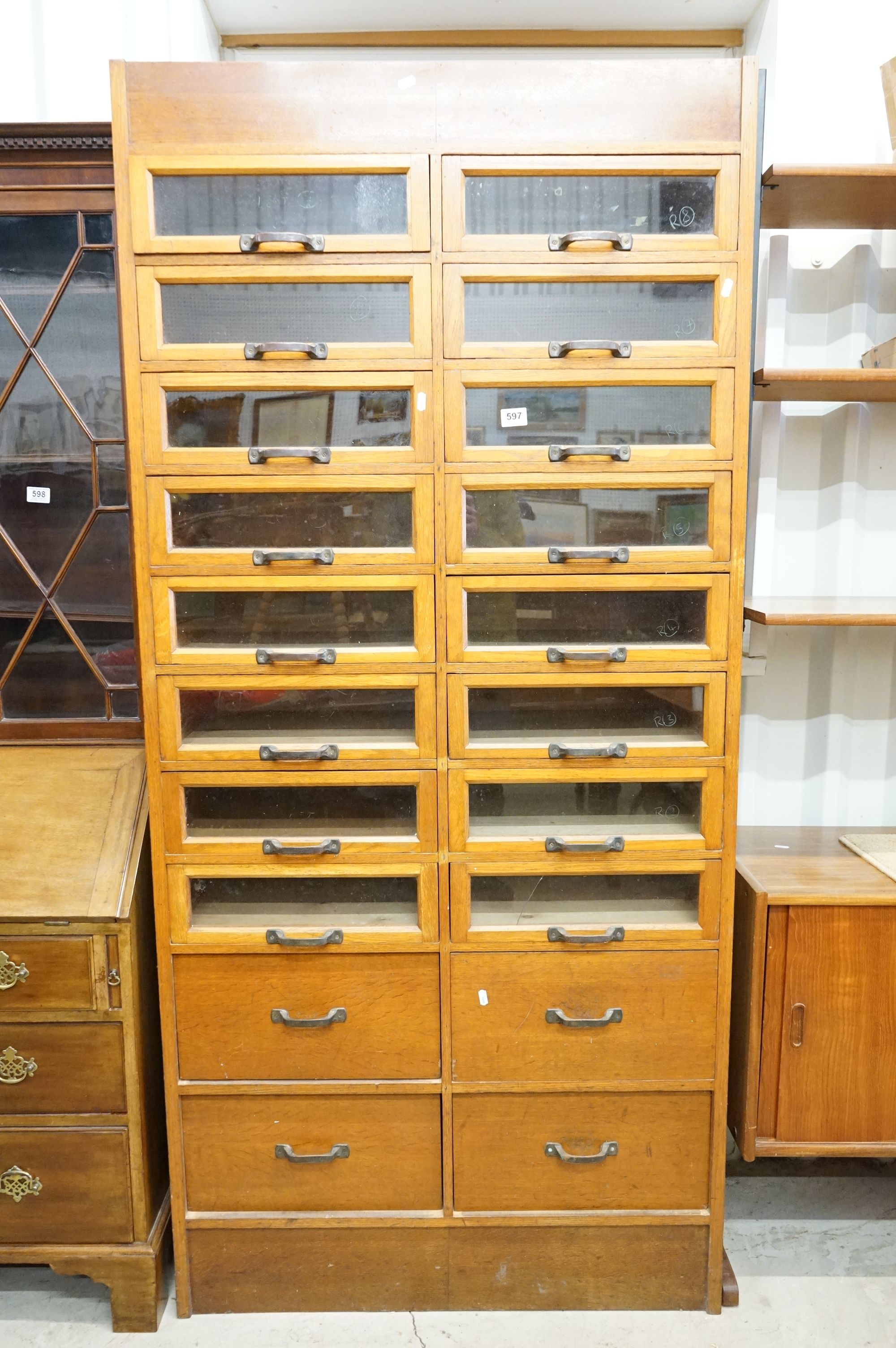 Early 20th century Shop Oak Haberdashery Cabinet with two banks of eight glass fronted drawers (16 - Image 2 of 8
