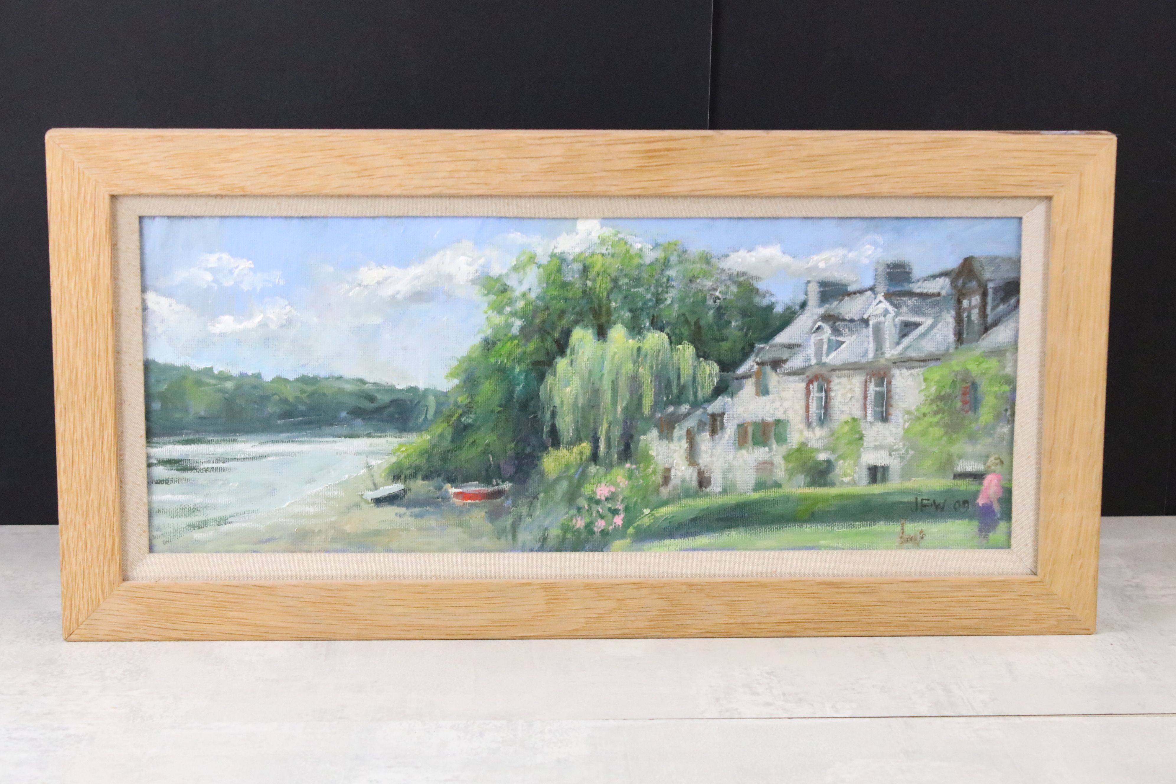 JFW Oil on Board, Impressionist Estuary View with Woman by Country House, label on verso Booths - Image 2 of 6