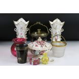 Group of mixed glass & ceramics to include a pair of late 19th century porcelain vases with hand