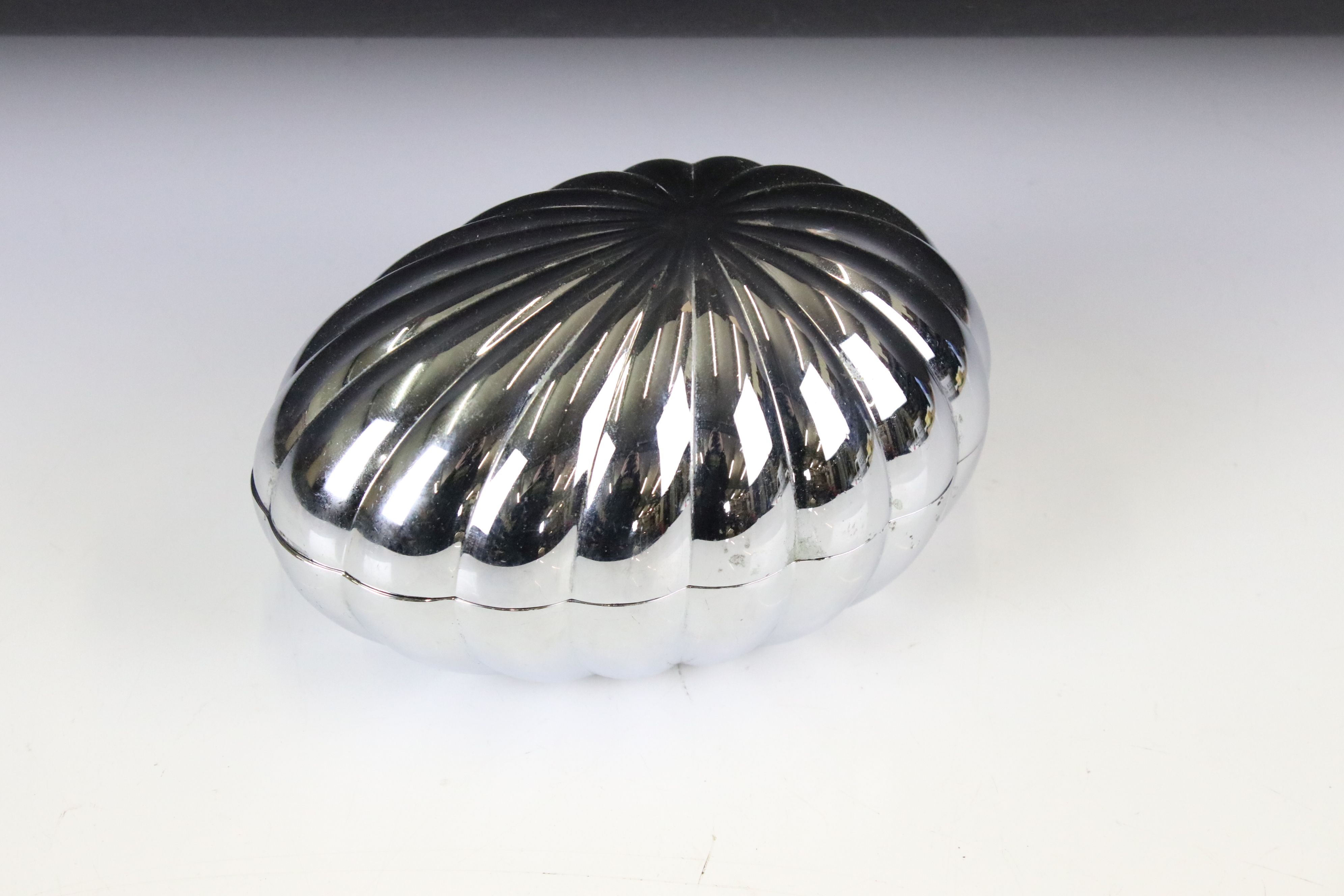 Georg Jensen silver plated egg shaped bonbonniere, of lobed form, measures 16cm long