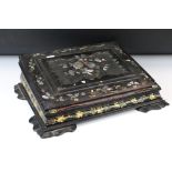 Victorian black lacquered writing slope with abalone shell floral inlay to the hinged lid, gilt