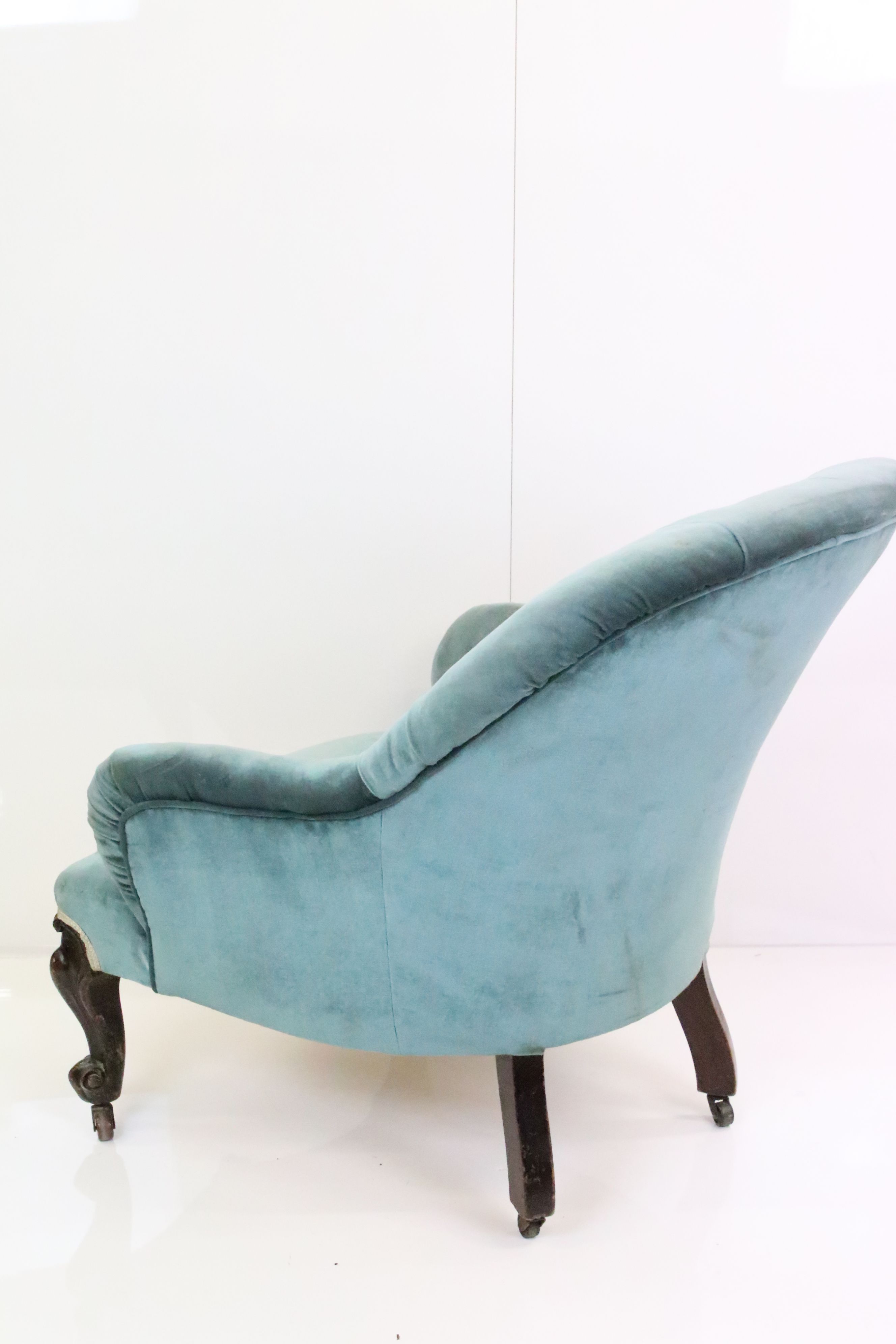 Victorian Button Back Armchair upholstered in blue fabric, raised on carved scrolling front legs - Image 7 of 7