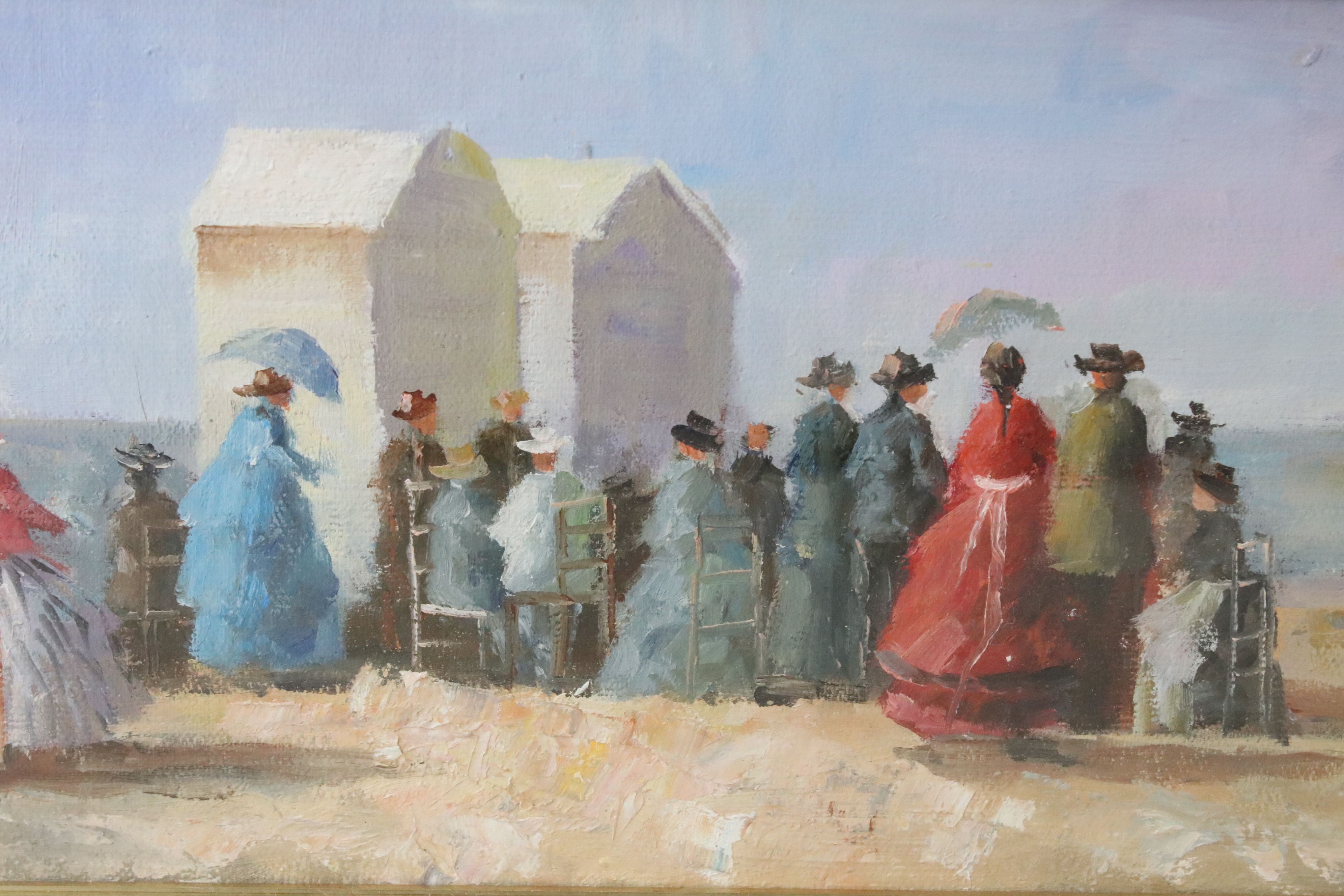 In the manner of Eugene Boudin, Impressionist Oil Painting of a Victorian beach gathering beside - Image 2 of 6