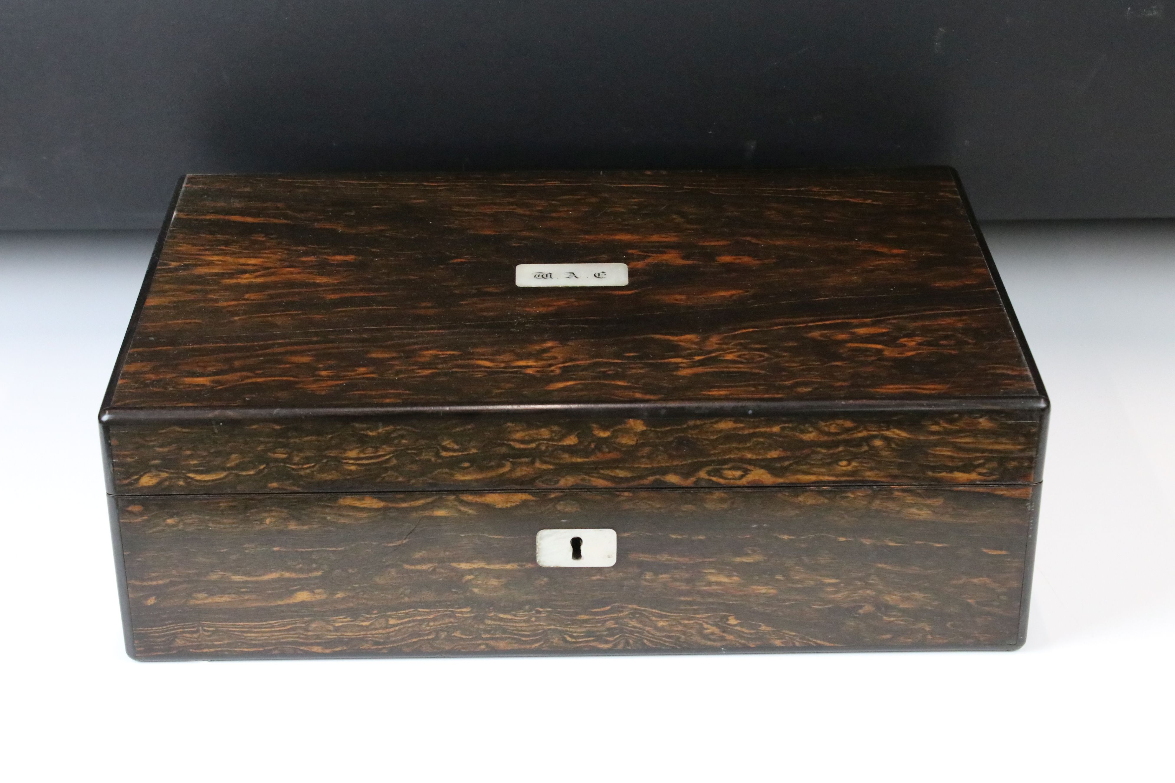 19th Century Coromandel writing slope with initialled MOP cartouche to lid, opening to reveal a - Image 3 of 6