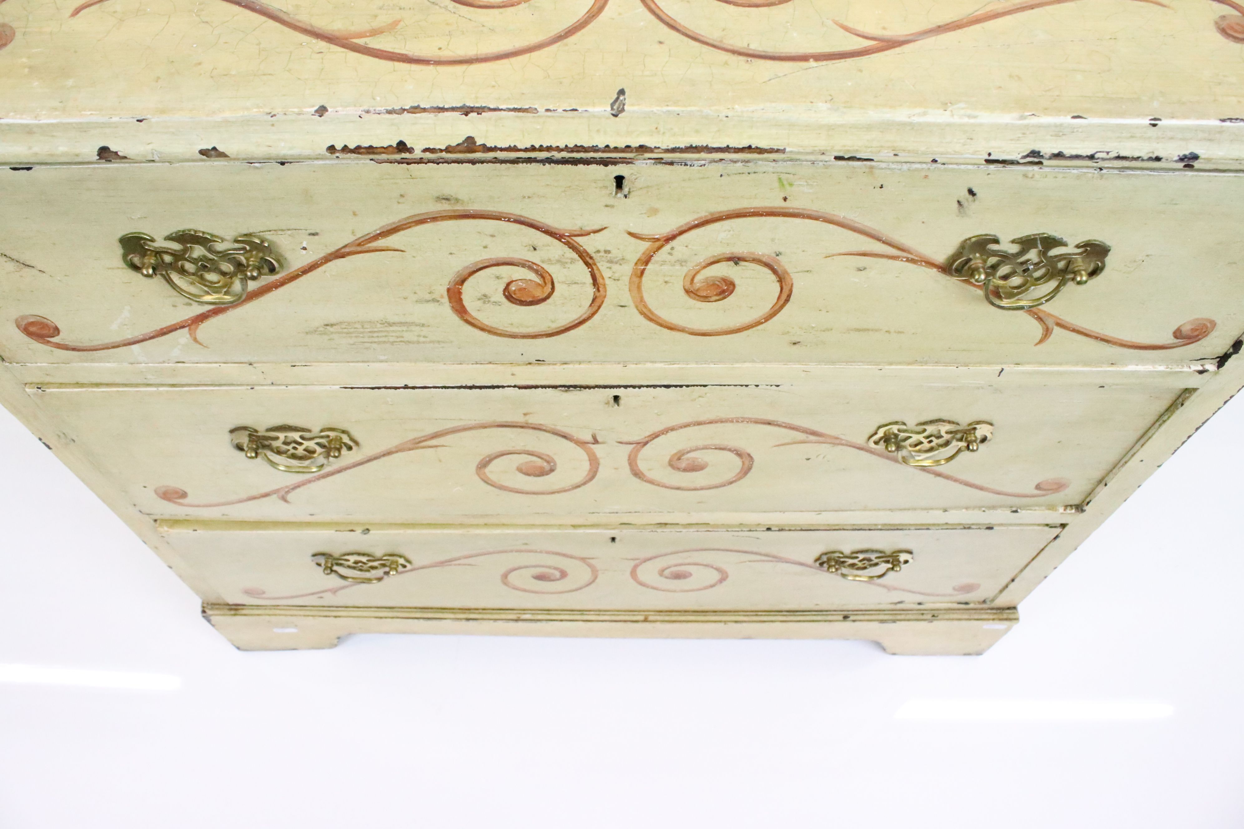 Victorian Yellow Painted Pine Chest of Three Long Drawers with painted scroll work decoration, - Image 4 of 6