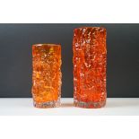 Two Whitefriars Textured Bark cylindrical vases in Tangerine, from Geoffrey Baxter's Textured range,