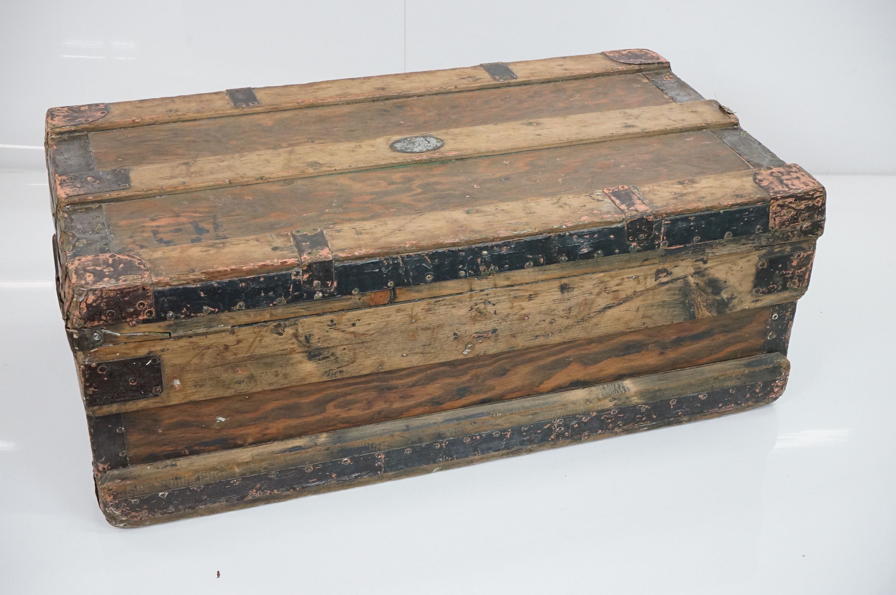 19th century Pine and Metal Bound Travelling Trunk / Box with two carrying handles, 81cm wide x 31cm - Image 11 of 12