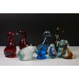 Four Whitefriars ' Dilly Duck ' glass figures to include 2 x Ruby Red, Ocean Green and a Twilight