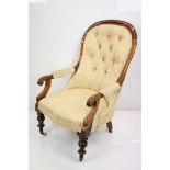 19th century Cream Upholstered Armchair, the mahogany show frame with scrolling carved arms,