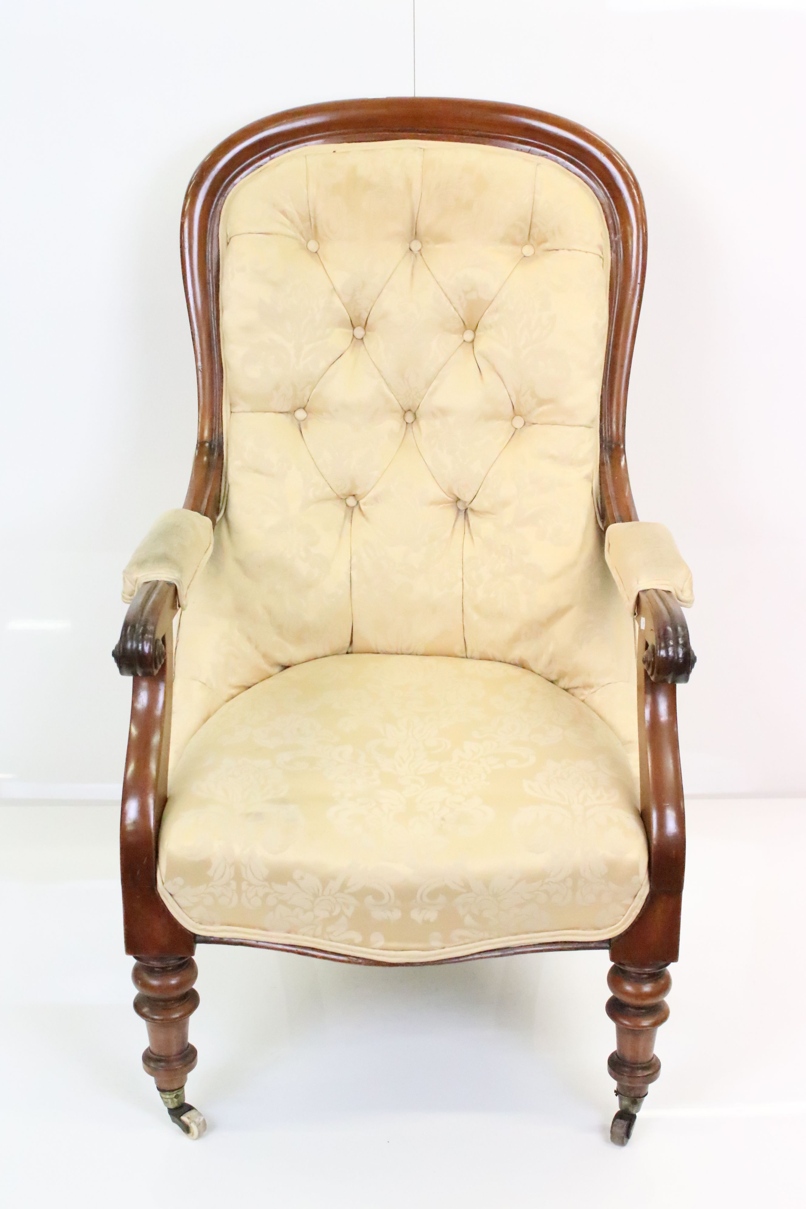 19th century Cream Upholstered Armchair, the mahogany show frame with scrolling carved arms, - Image 3 of 7