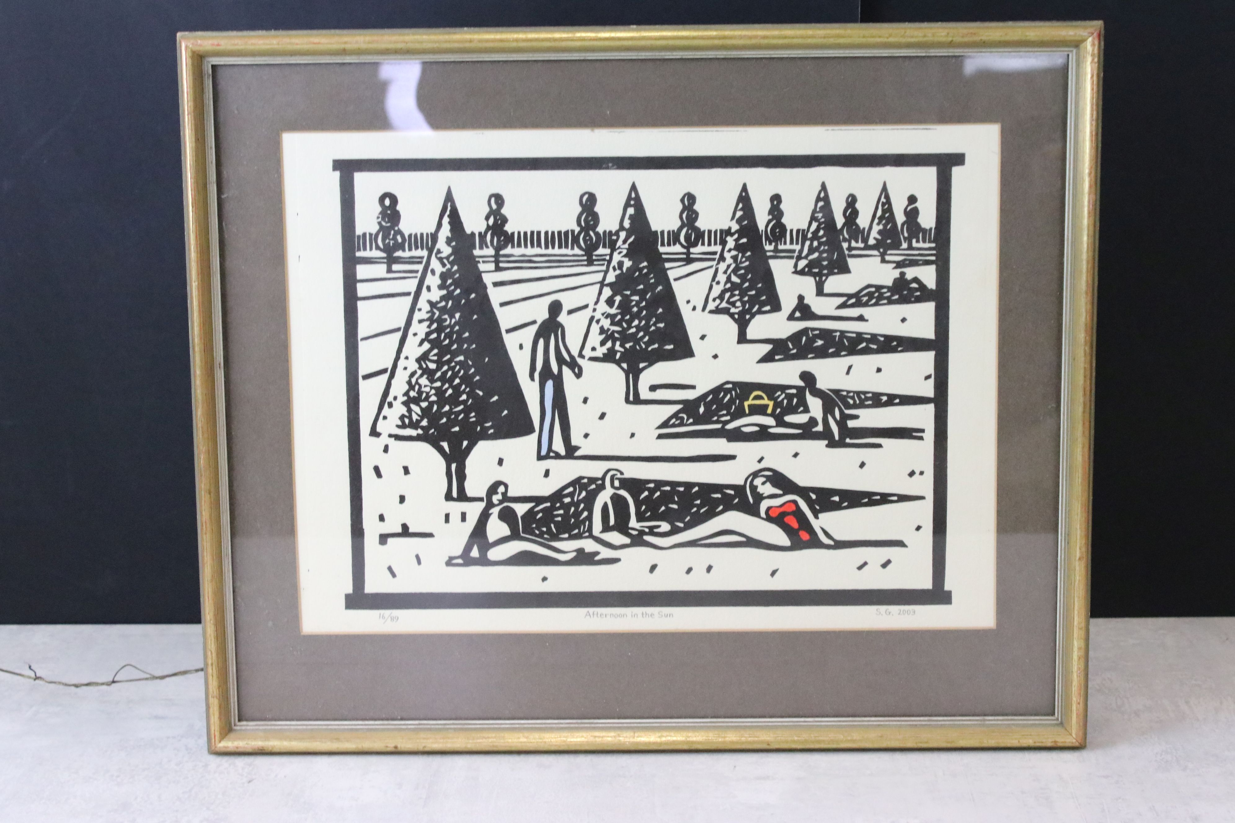 S. G., Framed and Glazed Linocut of Figures in Landscape titled ' Afternoon in the sun ',