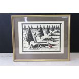 S. G., Framed and Glazed Linocut of Figures in Landscape titled ' Afternoon in the sun ',