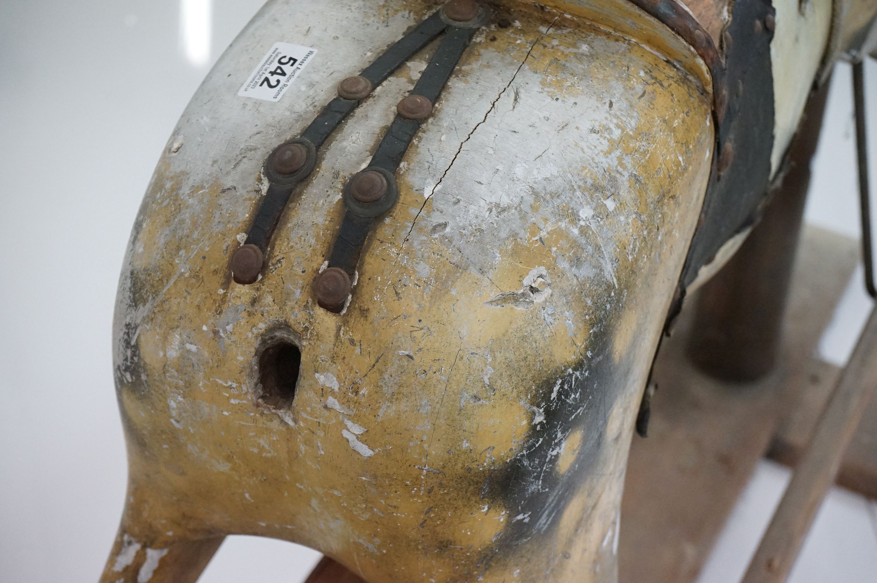 Victorian Carved Wooden Rocking Horse for restoration, painted dapple grey finish, inset glass eyes, - Image 7 of 16