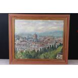 Oil Painting on Canvas, possibly of an Italian Town, signed with initials VK ? and dated 97, 46cm