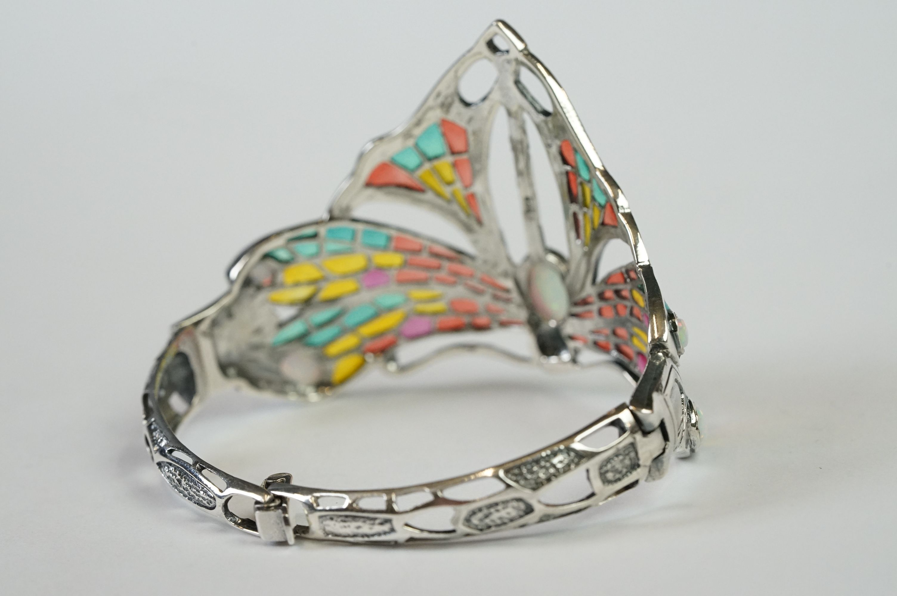 Large Silver Plique a Jour Cuff Bangle in the Art Deco style with opal cabochons - Image 6 of 11