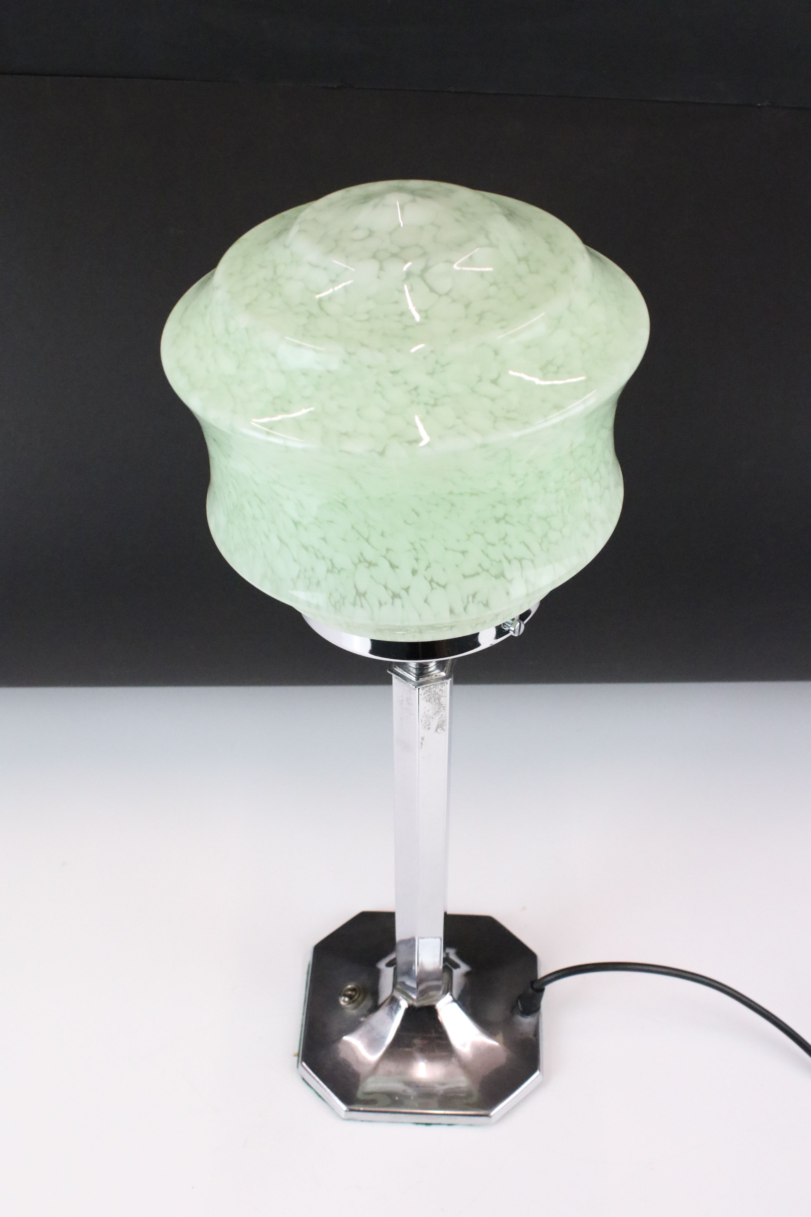 Art Deco chrome table lamp with mottled green glass shade, above a hexagonal column on an - Image 5 of 5