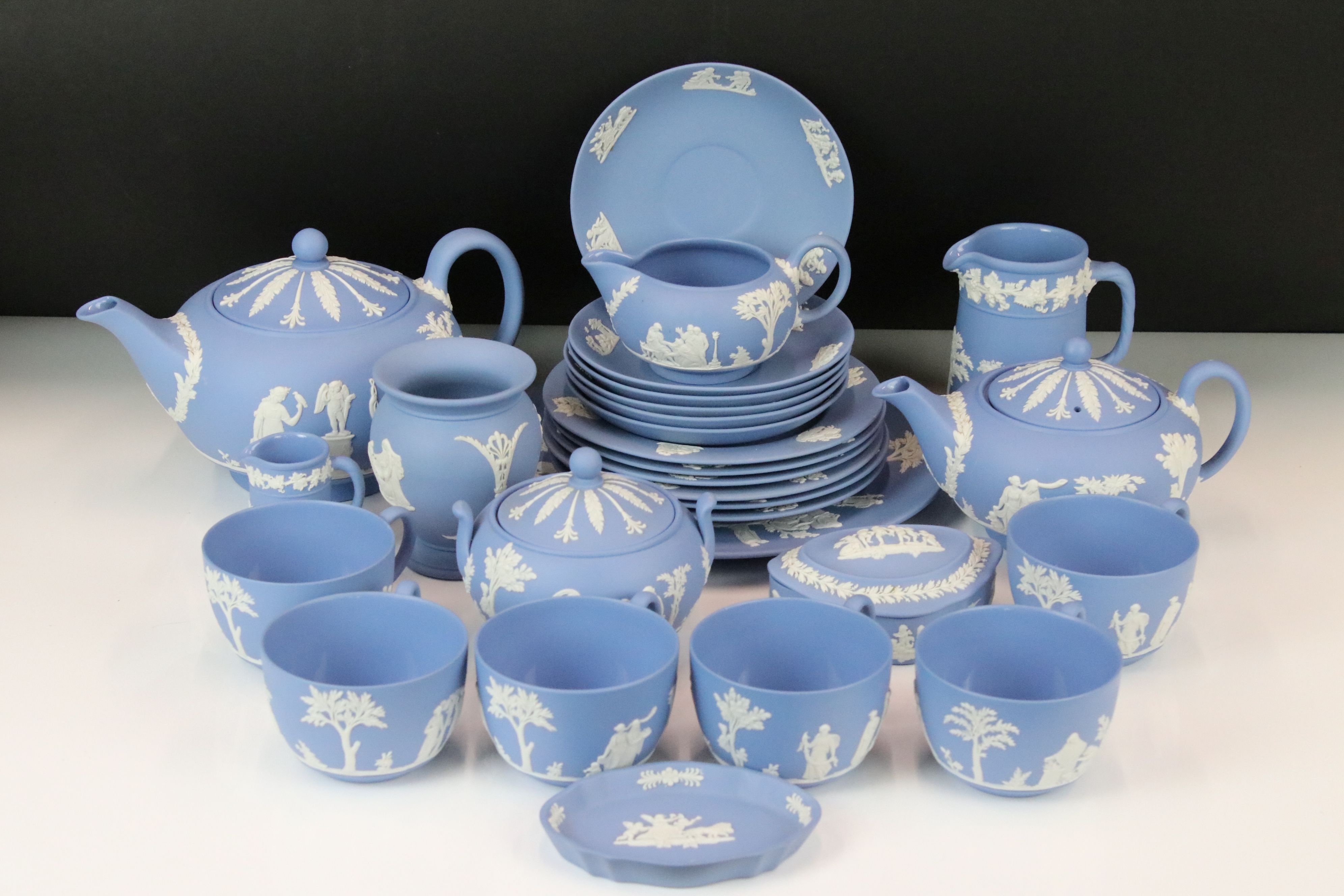 Wedgwood Jasperware Pale Blue Tea Service for 6 to include 2 x teapots & covers, 6 teacups &