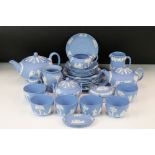 Wedgwood Jasperware Pale Blue Tea Service for 6 to include 2 x teapots & covers, 6 teacups &