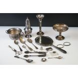 A collection of mainly fully hallmarked sterling silver to include sugar shaker, hand mirror, tazza,