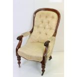 19th century Cream Upholstered Armchair, the mahogany show frame with scrolling carved arms,
