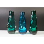 Two Whitefriars ' Knobbly ' green cased glass vases by William Wilson and Henry Dyer, pattern