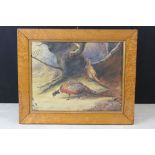 19th / 20th century Oil Painting of a Male Ring-necked Pheasant and a Hen in a natural setting, 25cm