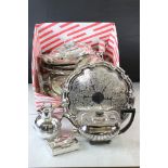 A small collection of mixed silver plate to include teapot, serving dishes, Aquascutum cigarette