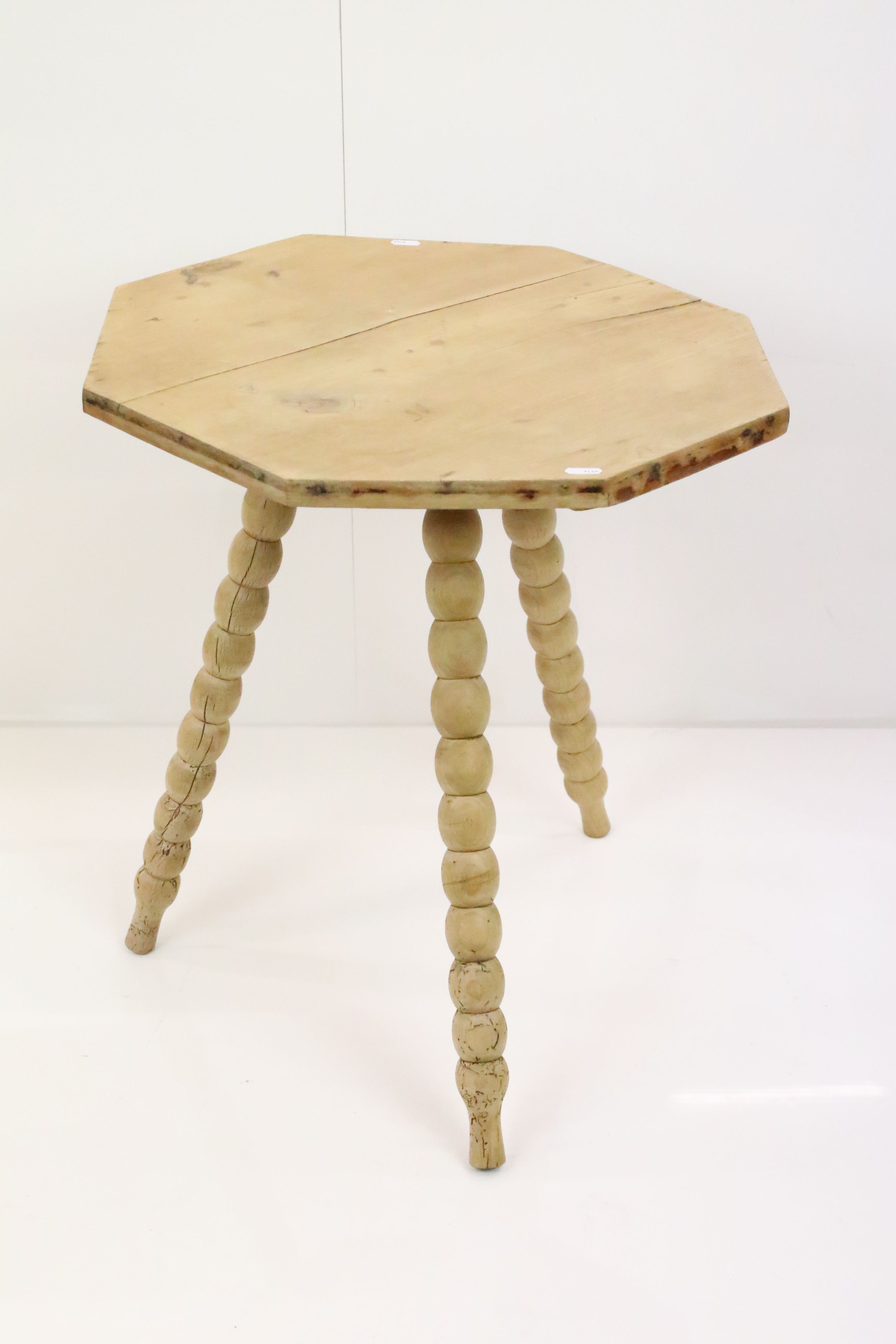 Victorian Pine Cricket type Table, the octagonal top raised on three bobbin legs, 53cm wide x 59cm - Image 2 of 5