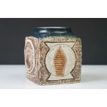 Troika Pottery marmalade jar, of cube form, the body with incised geometric design, signed 'Troika