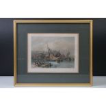 19th Century ' Brixham ' coloured engraving depicting a harbour scene, engraved by E. Finden, framed