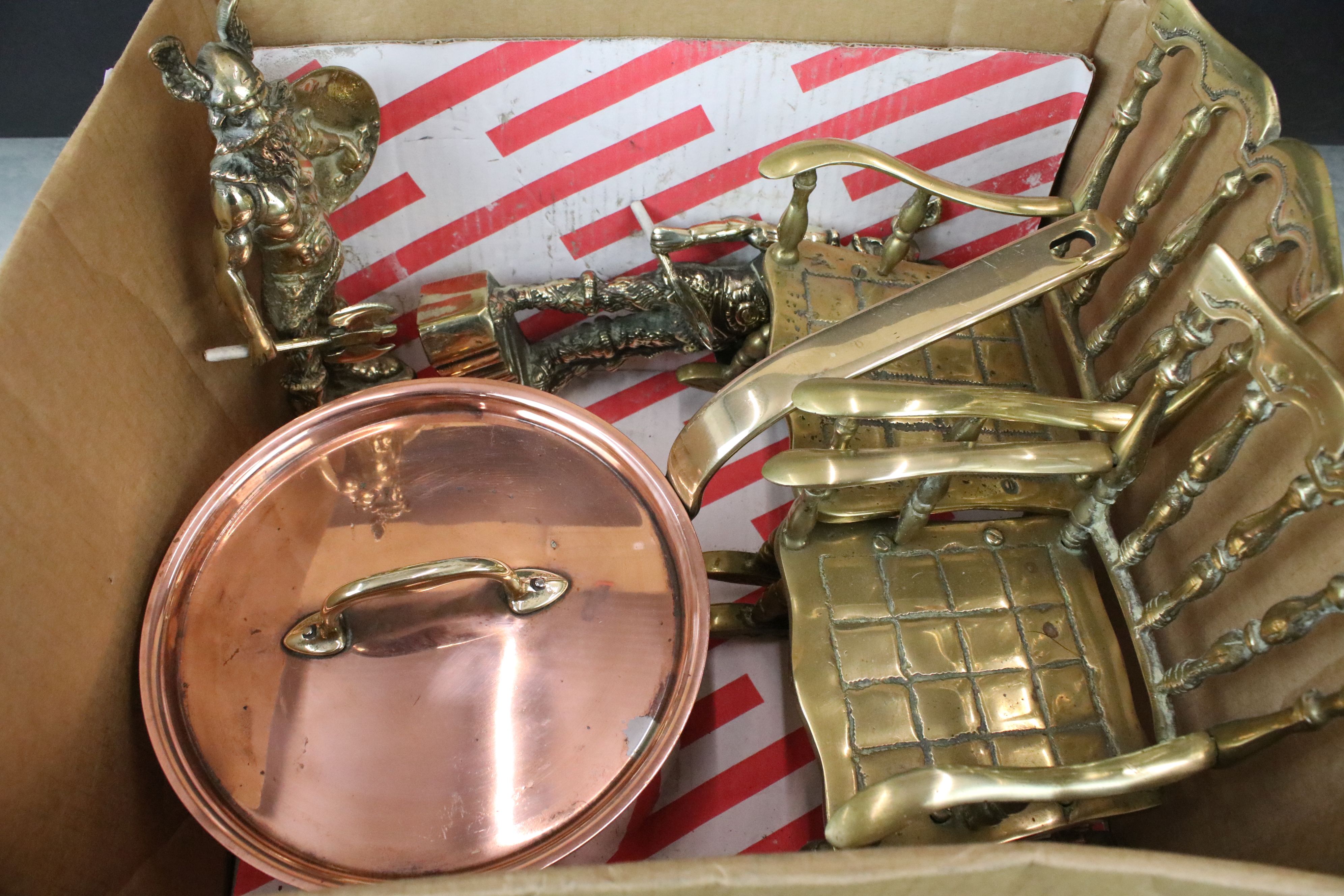 A small collection of mixed brass and copper ware to include ornamental chairs, jug, figure, - Image 5 of 5