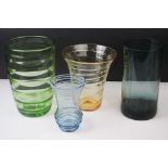 Three coloured studio glass vases with ribbed design and ground pontils (featuring a blue tinted
