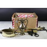 A small collection of mixed brass and copper ware to include ornamental chairs, jug, figure,