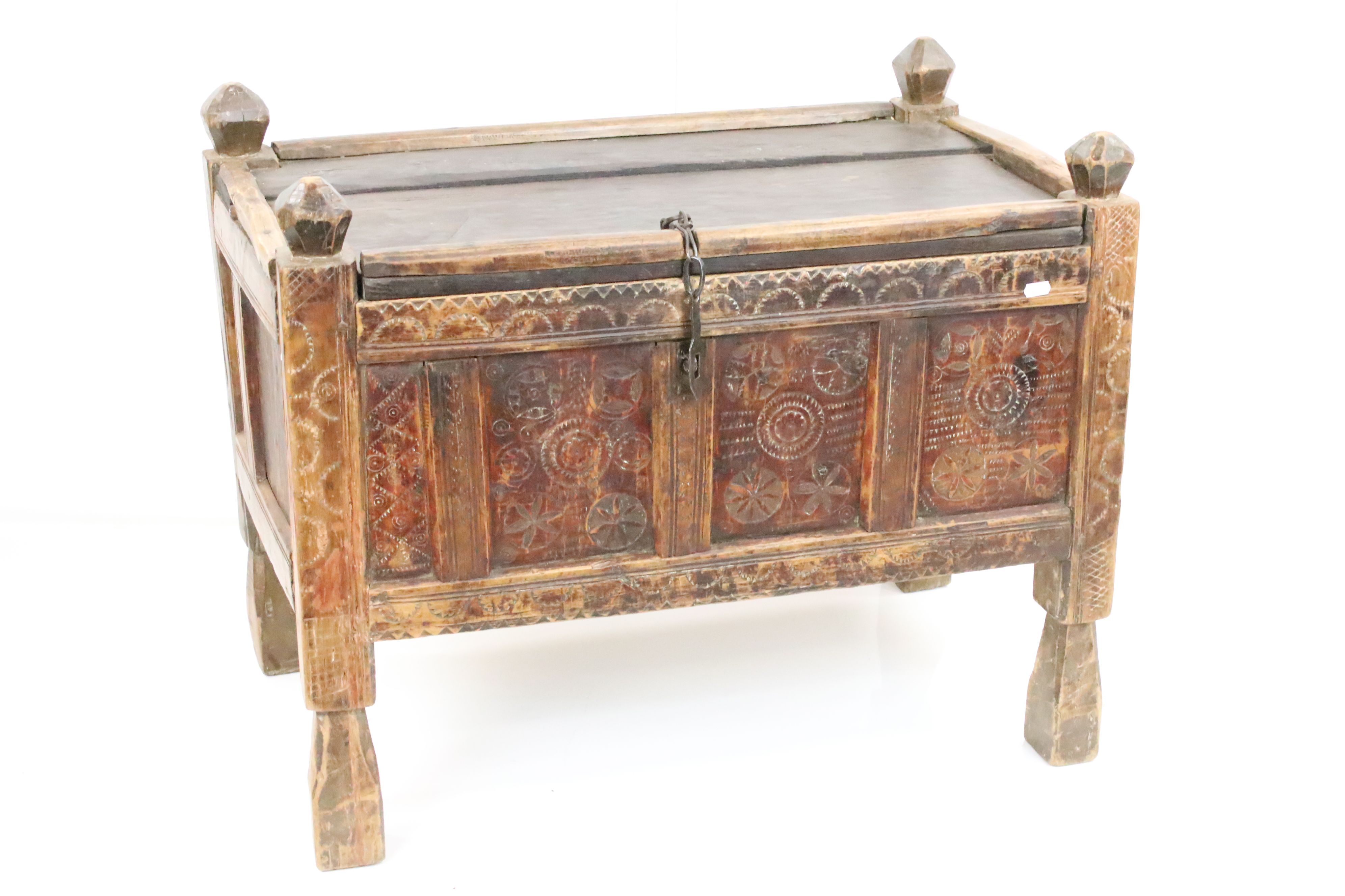 Afghan Hardwood Marriage / Dowry Chest with geometric chip carved decoration to front, 79cm long x