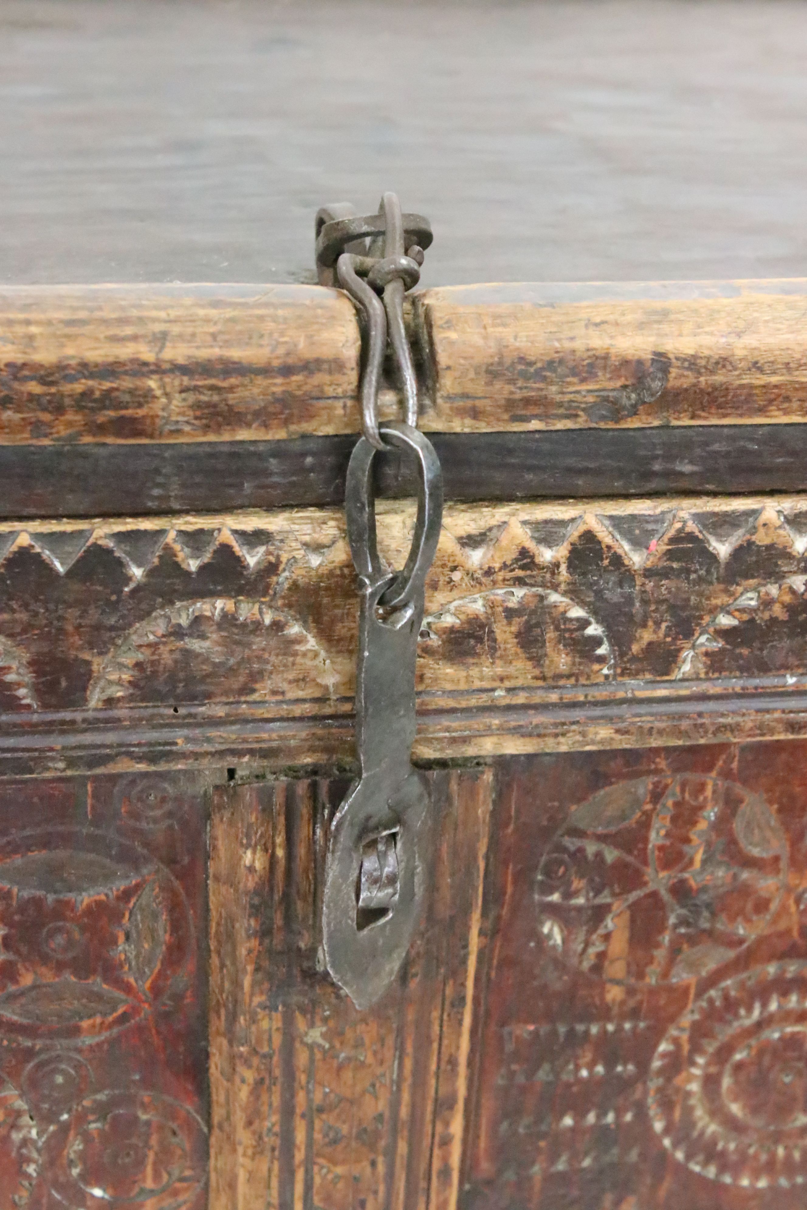 Afghan Hardwood Marriage / Dowry Chest with geometric chip carved decoration to front, 79cm long x - Image 7 of 10