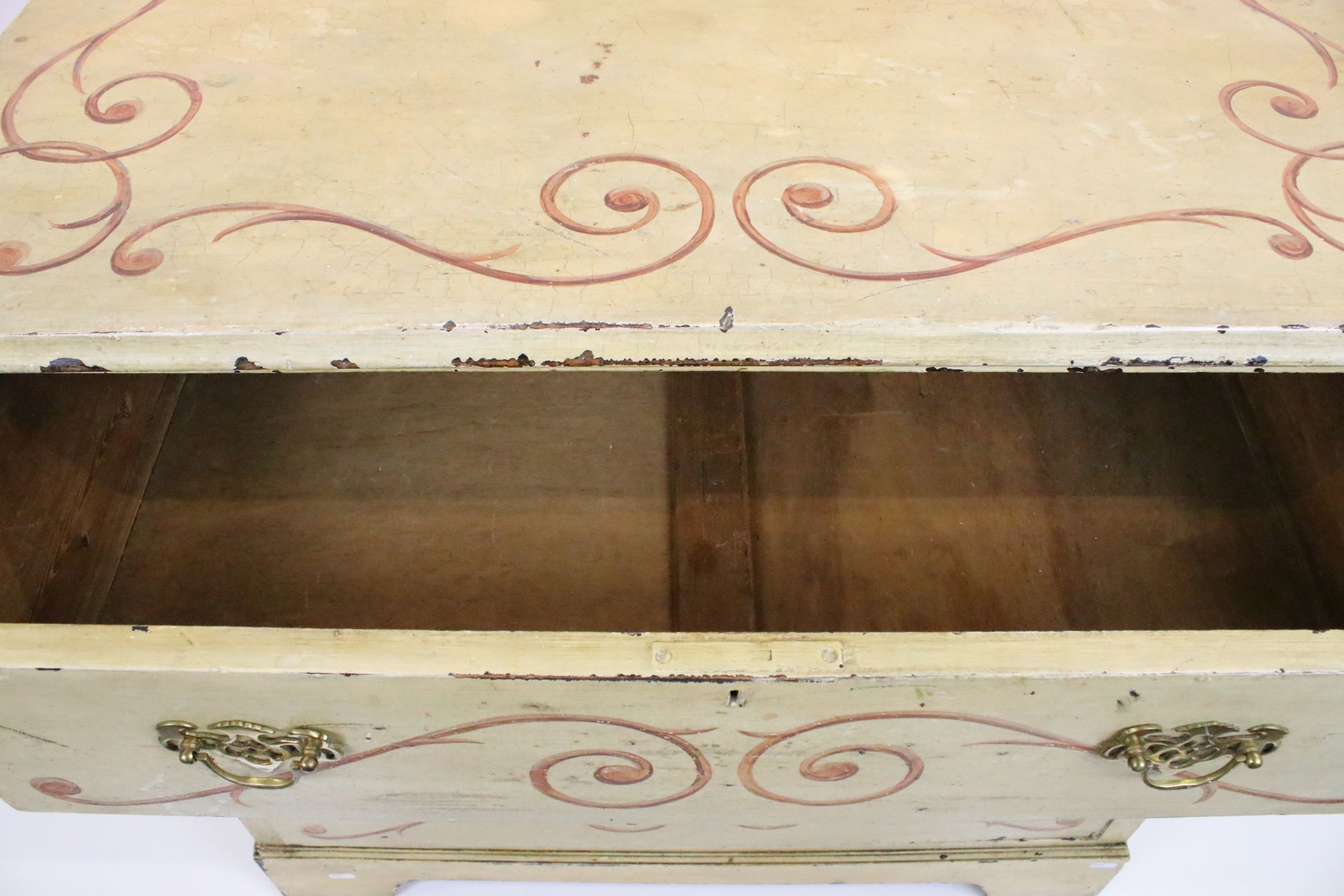 Victorian Yellow Painted Pine Chest of Three Long Drawers with painted scroll work decoration, - Image 6 of 6