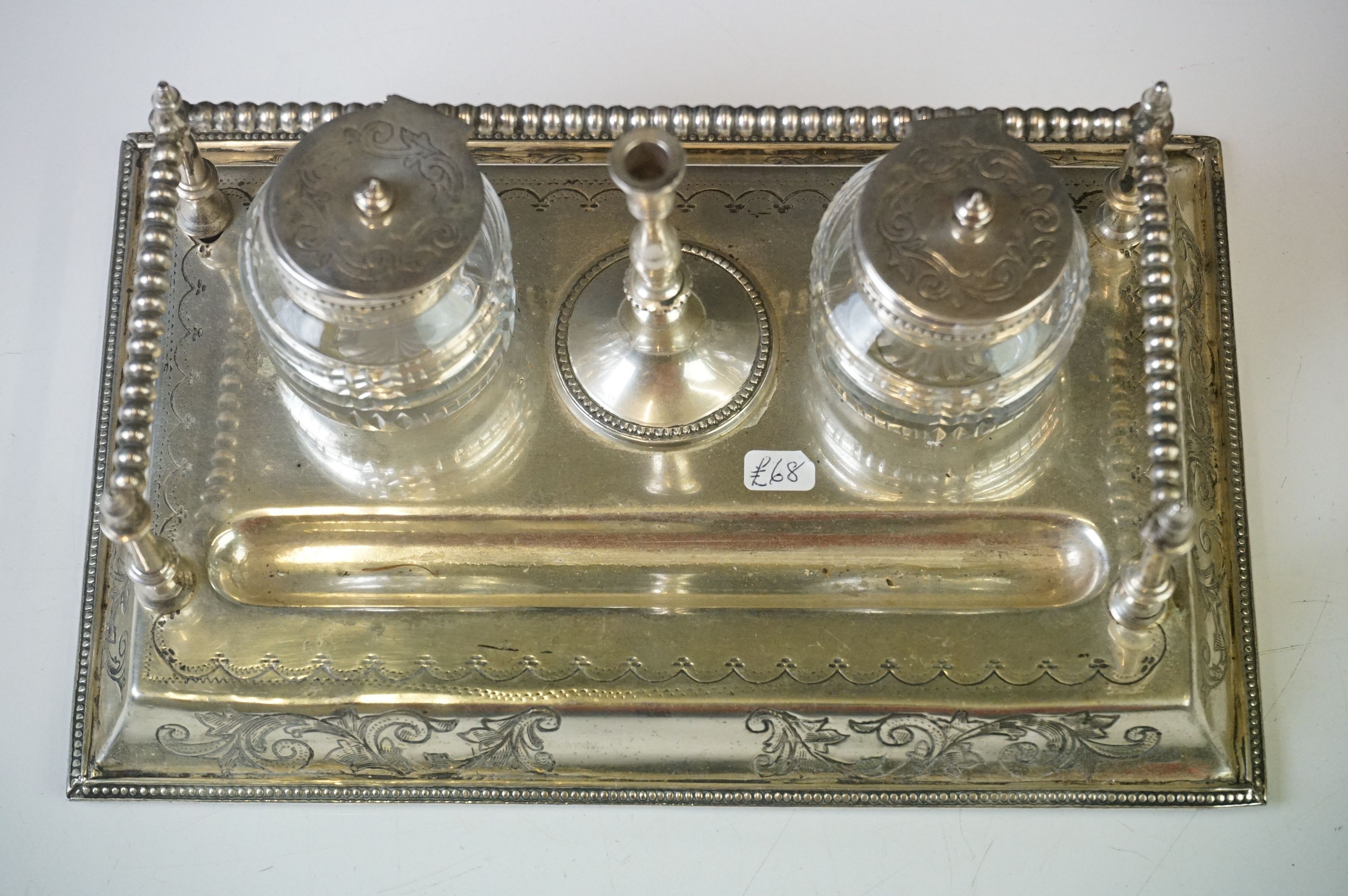 An antique silver plated standish with taper holder and double inkwells. - Image 3 of 14