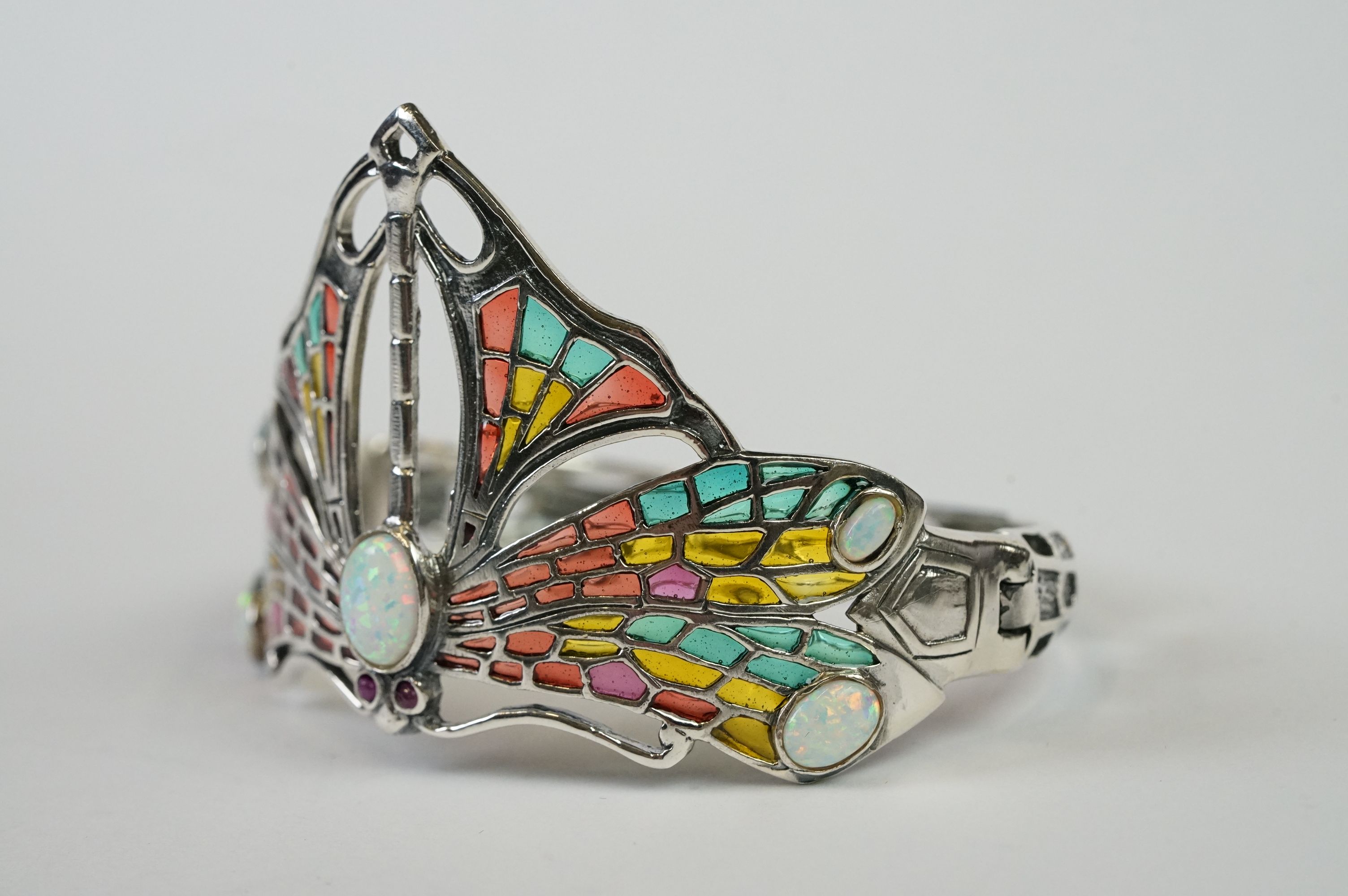 Large Silver Plique a Jour Cuff Bangle in the Art Deco style with opal cabochons - Image 3 of 11