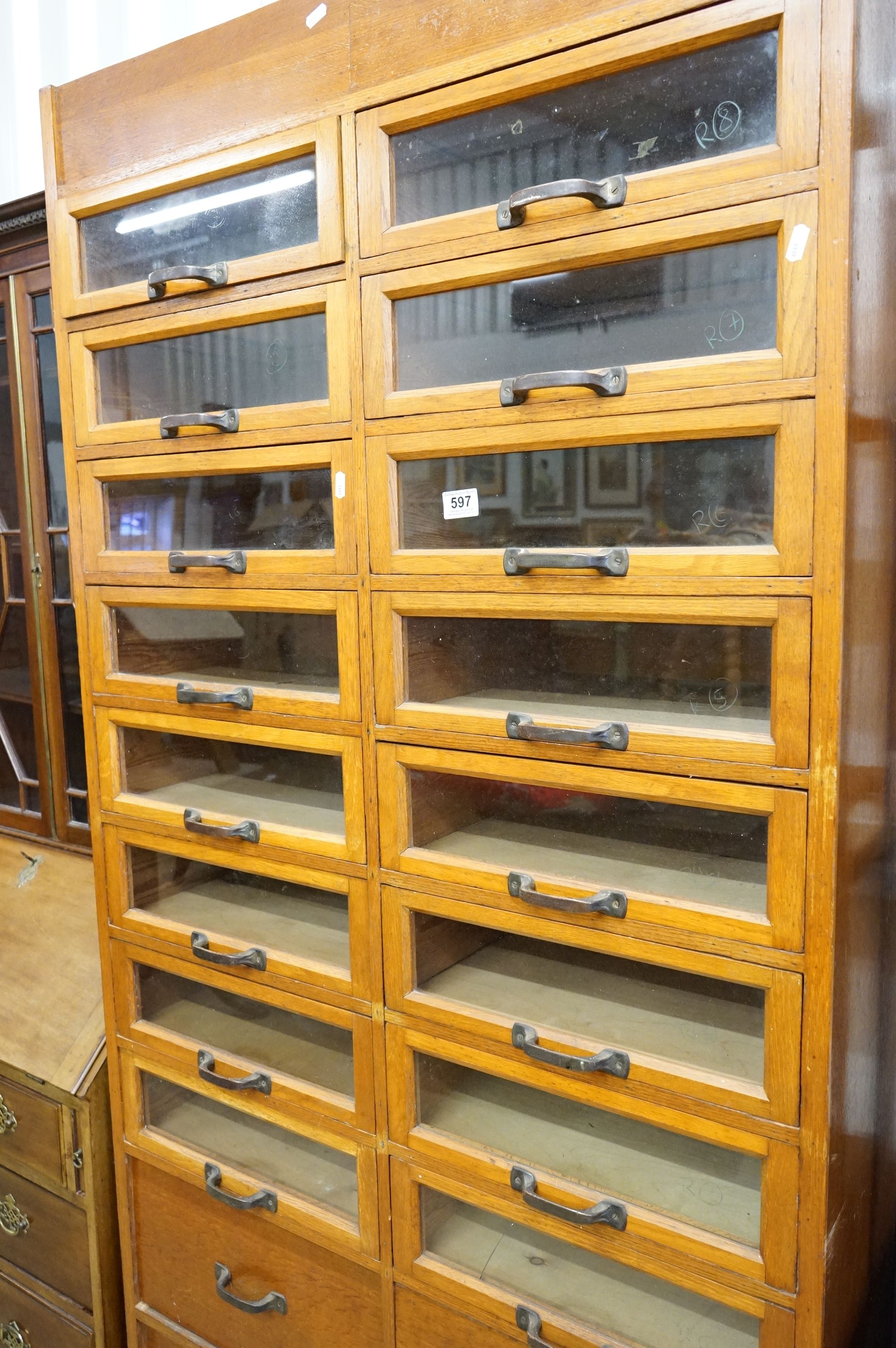 Early 20th century Shop Oak Haberdashery Cabinet with two banks of eight glass fronted drawers (16 - Image 4 of 8