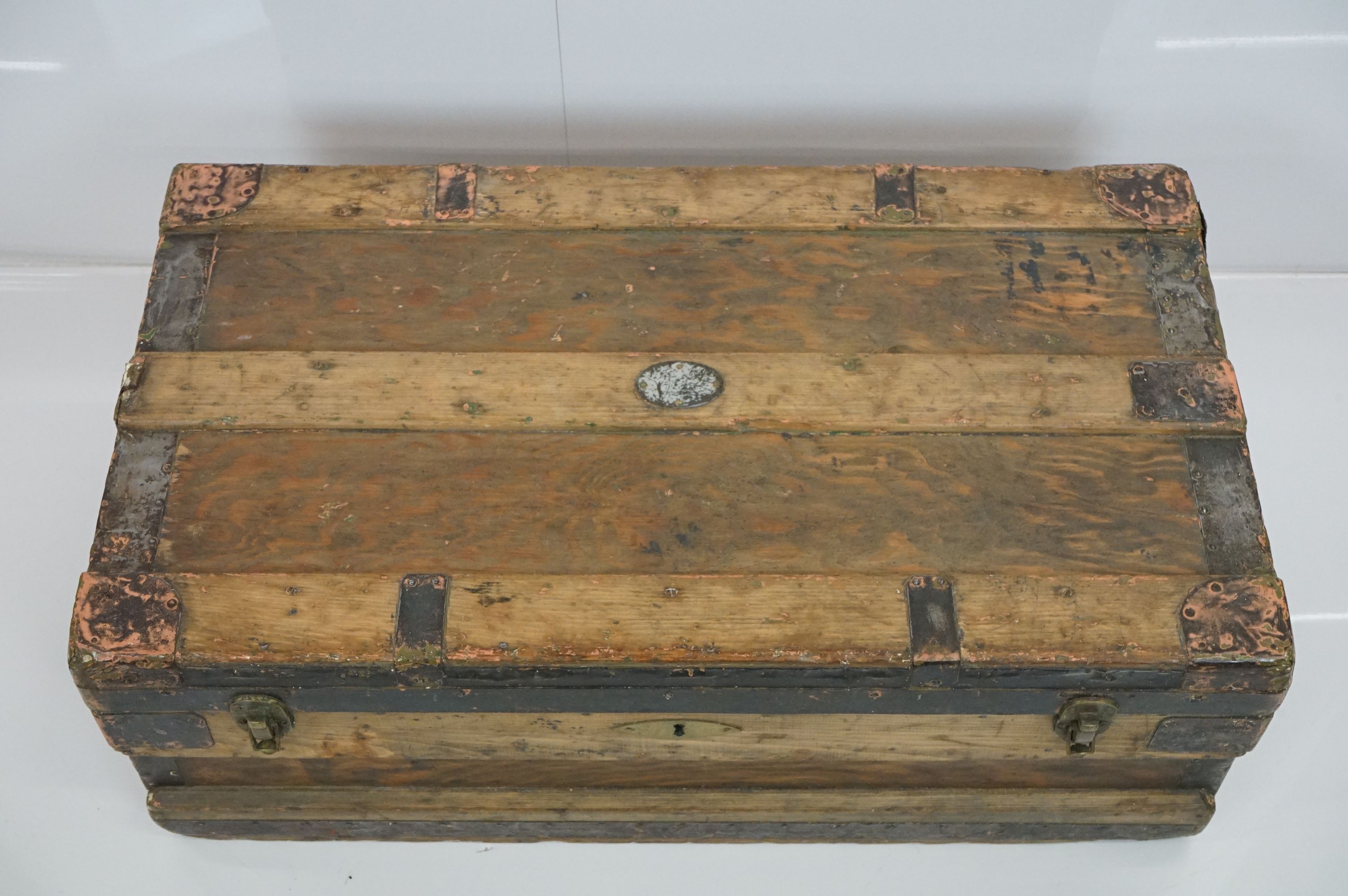 19th century Pine and Metal Bound Travelling Trunk / Box with two carrying handles, 81cm wide x 31cm - Image 4 of 12