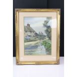 A Lock, 19th century Watercolour of Victorian Girls by a pond and thatched cottage, signed, 45cm x