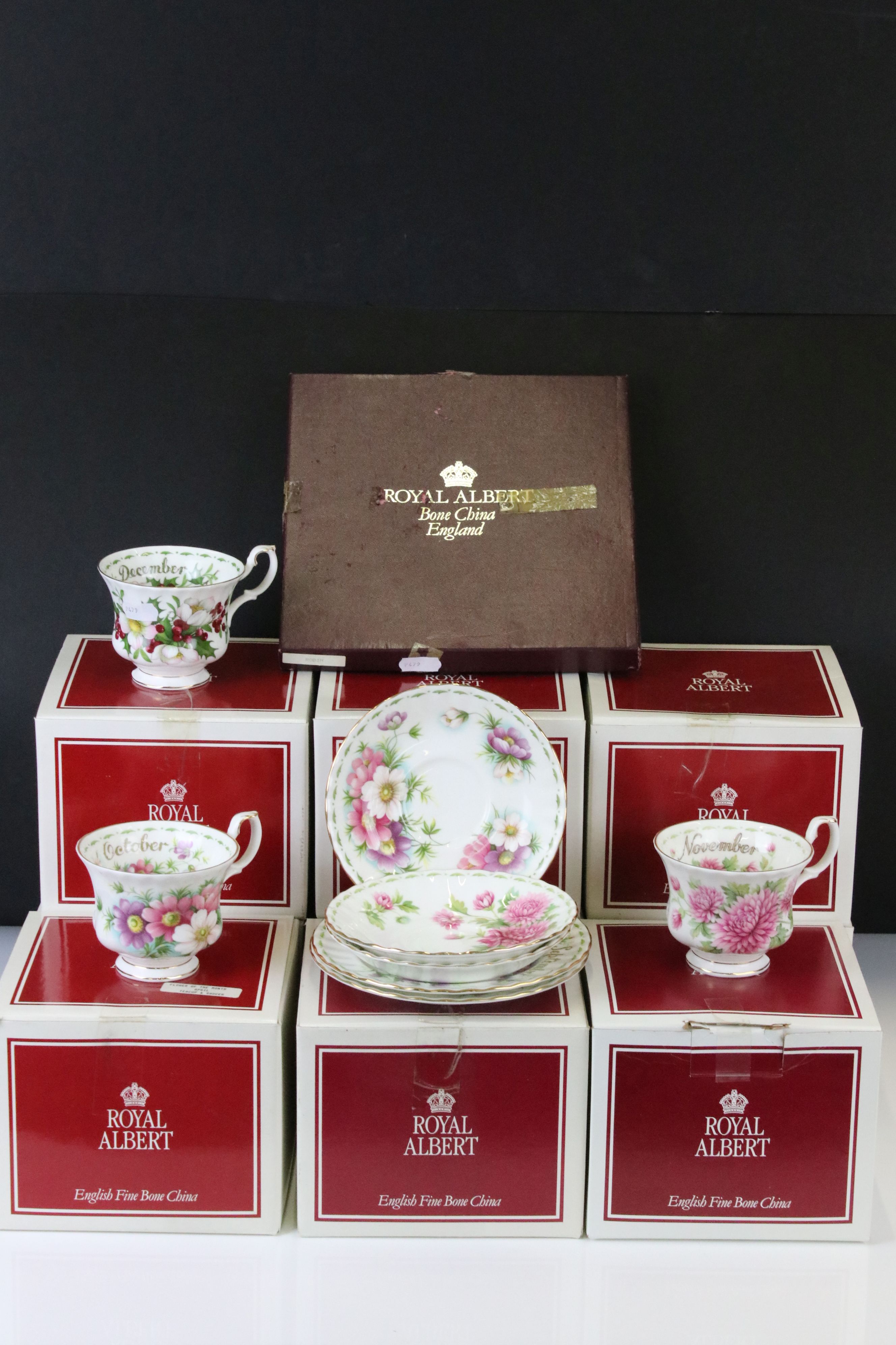 Royal Albert ' Flower of The Month Series ' tea ware, to include 9 x boxed teacups & saucers (