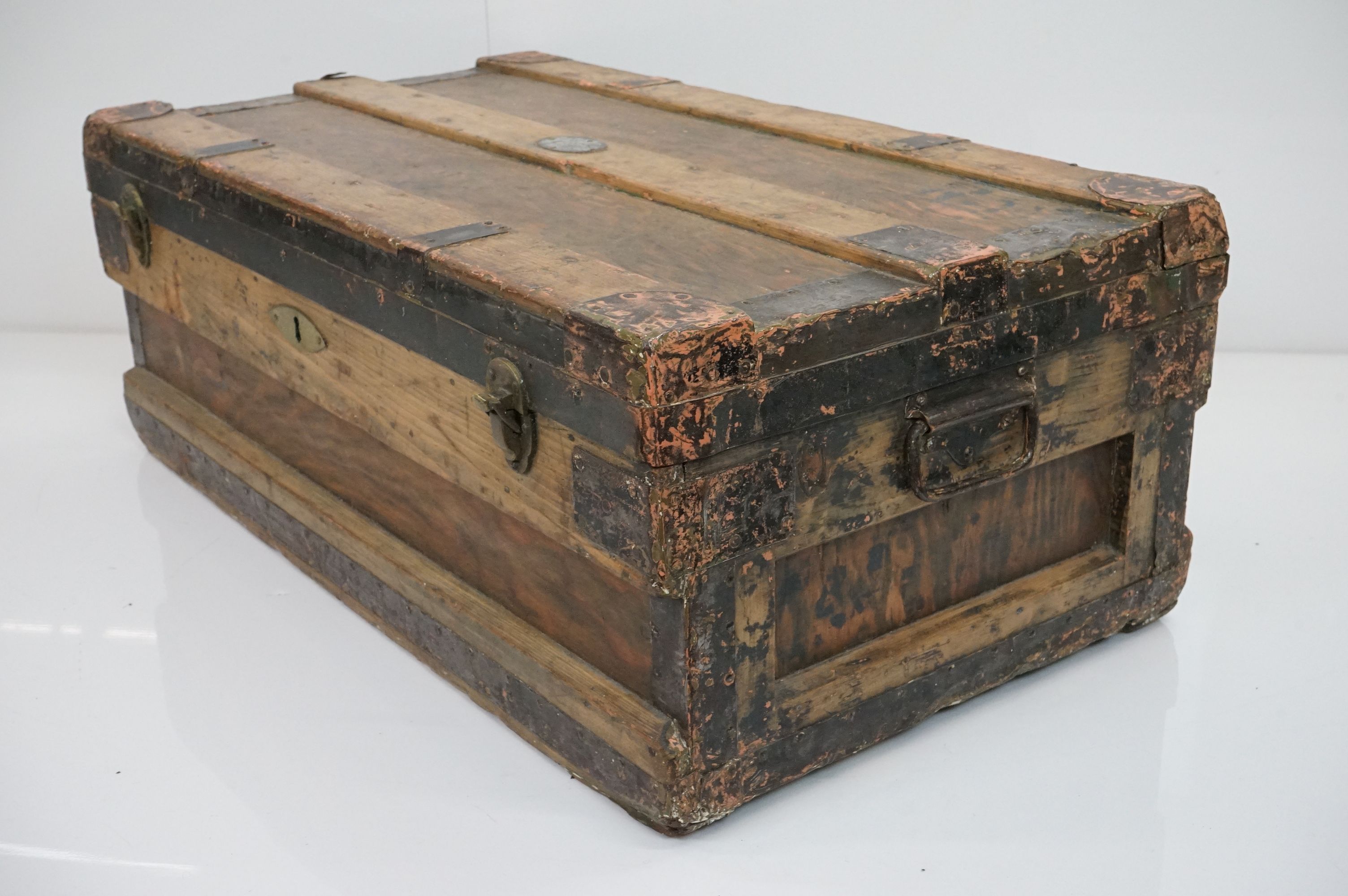 19th century Pine and Metal Bound Travelling Trunk / Box with two carrying handles, 81cm wide x 31cm - Image 10 of 12