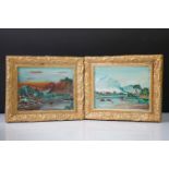 Two oil on chalk paintings of highland cattle drinking at a mountain lake, signed McNeill