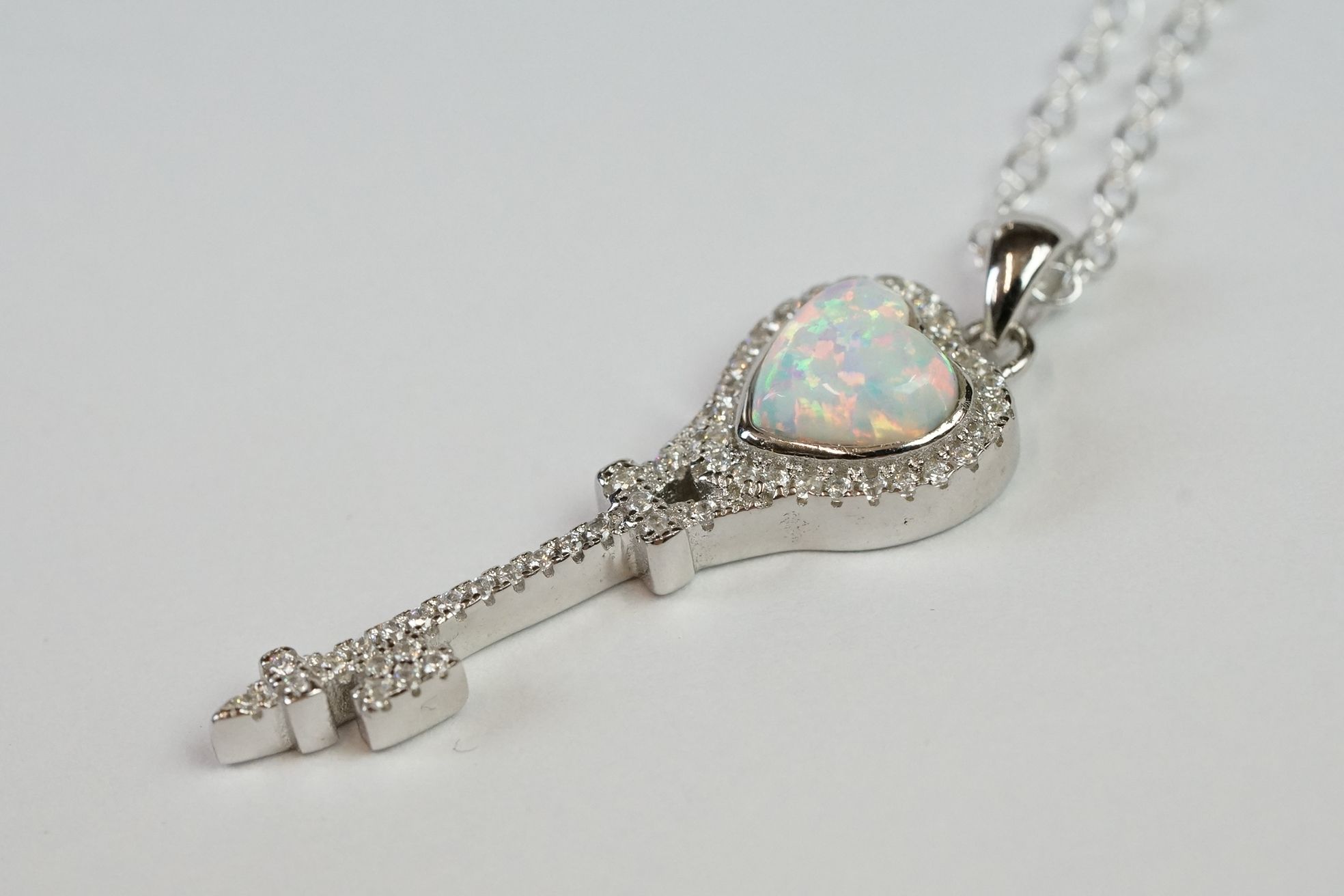 Silver CZ and Opal Key shaped Tiffany style Pendant Necklace - Image 2 of 7