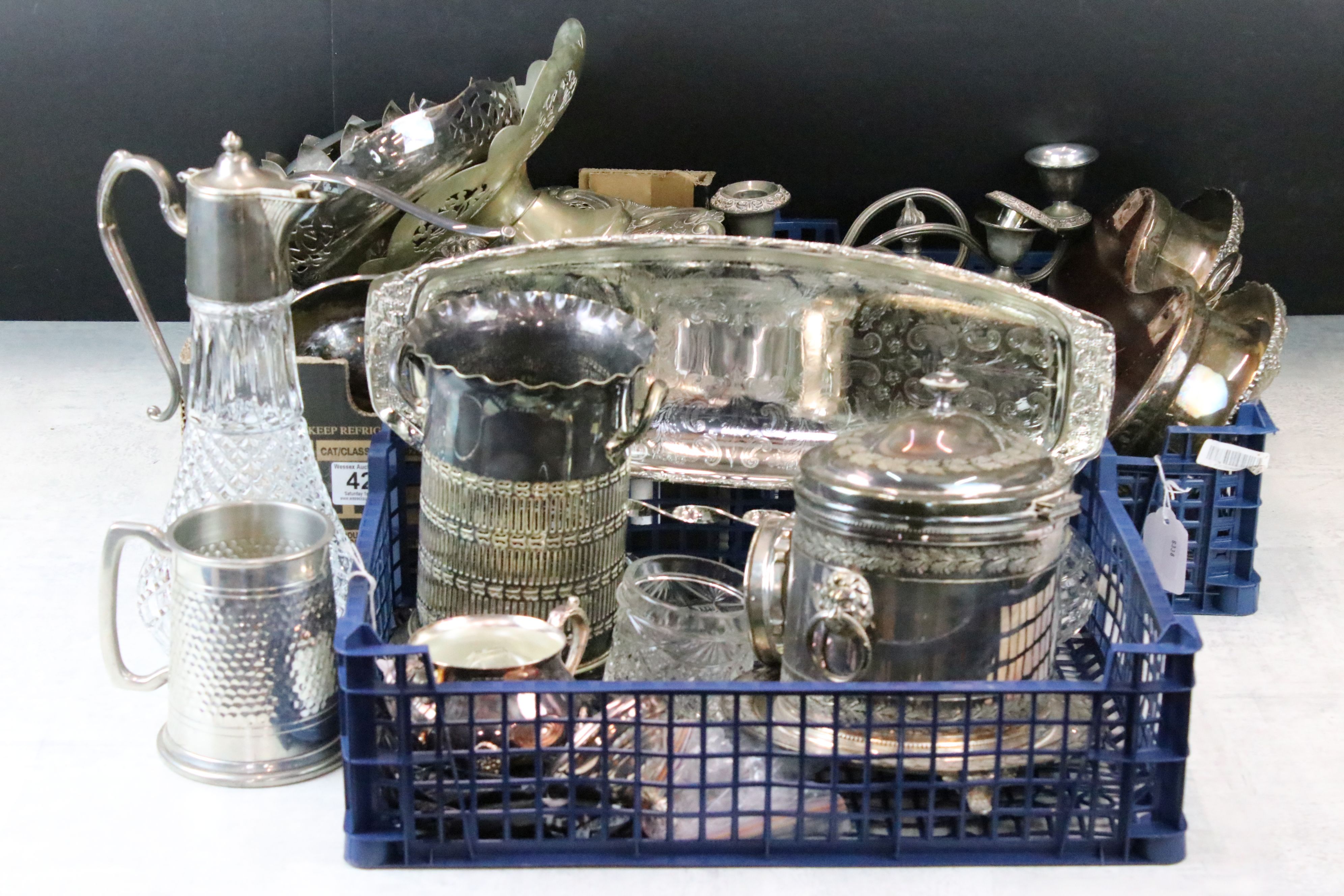 A collection of mixed silver plate to include Tazza, Bottle coasters, trays, jug, bowls....etc.
